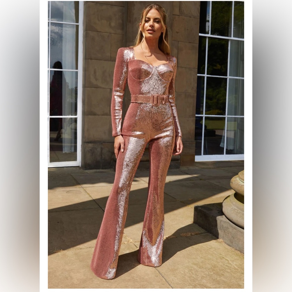 Sequin Rose Gold Nadine Merabi Jumpsuit Size M/US 8